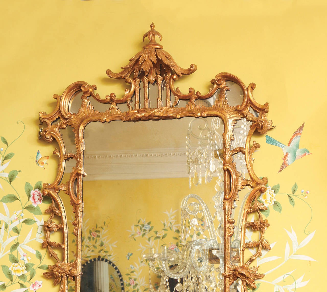 British Chinese Chippendale Carved and Giltwood Border Glass Mirror, English c.1755