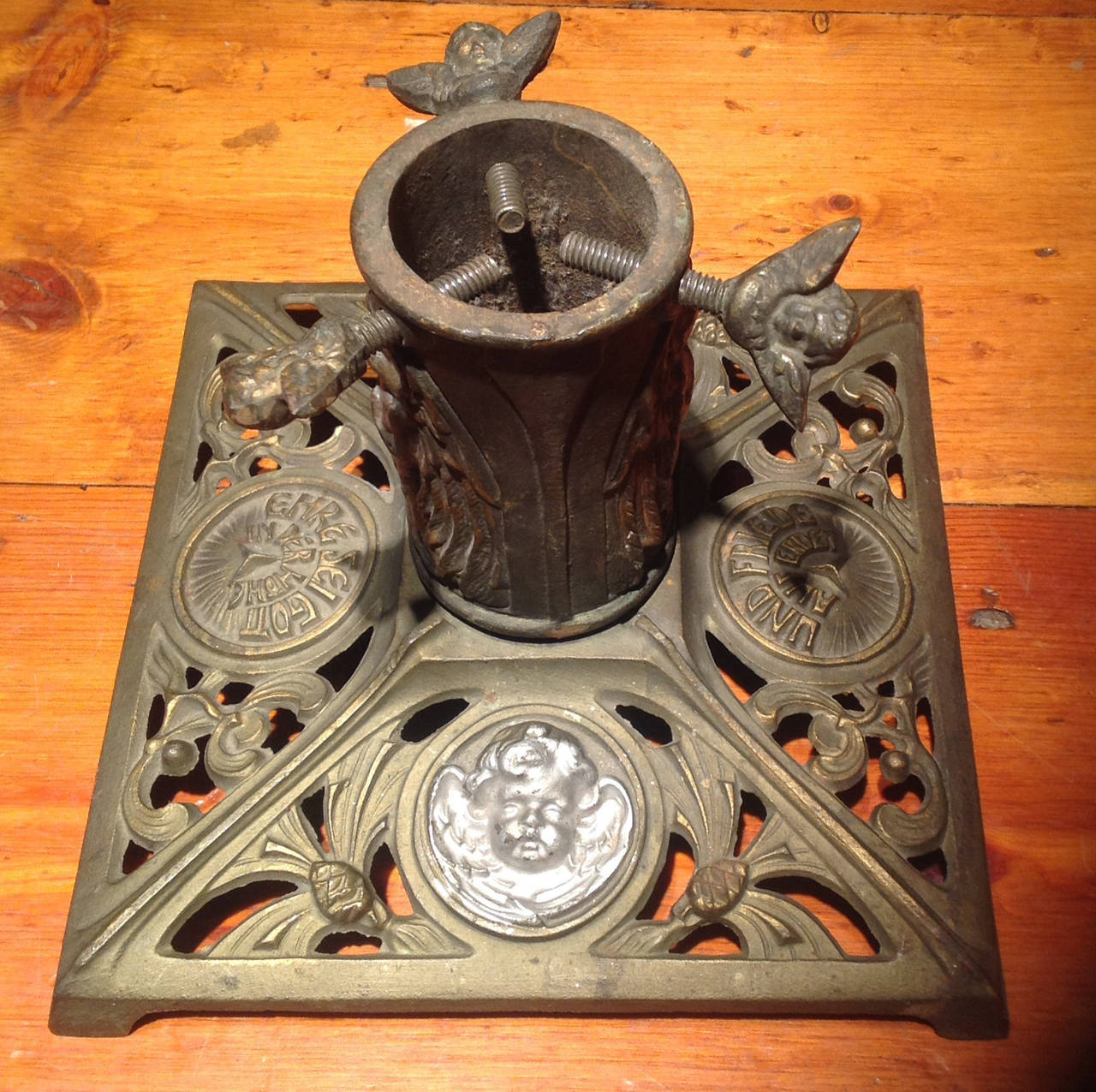 Antique Christmas Tree Stand with Angel Screws and Silvered Putti, circa 1910