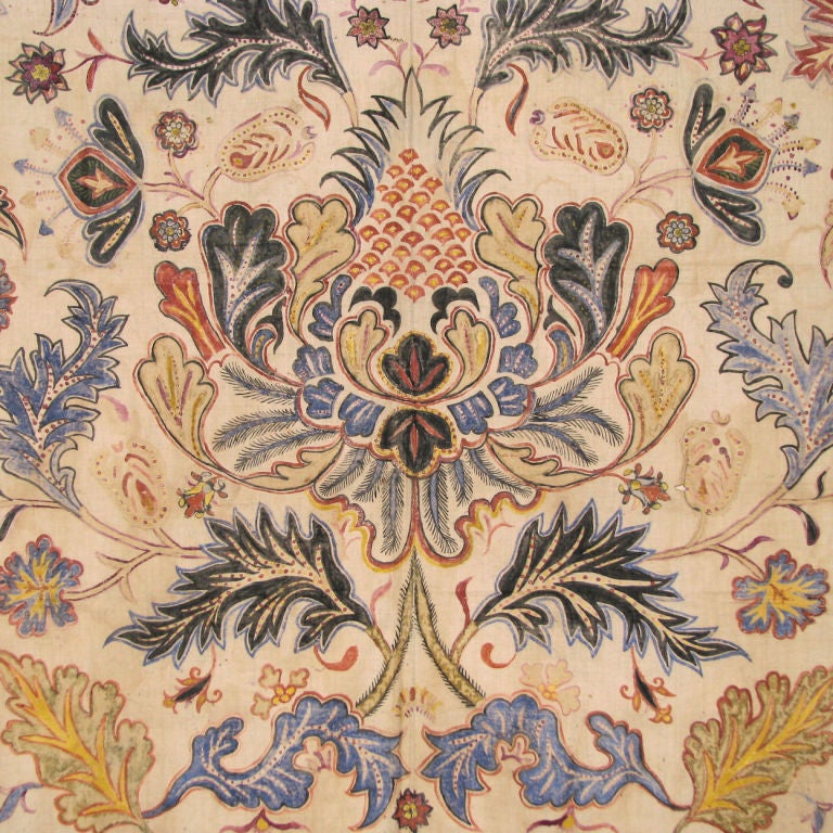Sumatra or Java painted white cotton used as a ceremonial hanging in Java, circa 1900. Painted cloth is unusual for Indonesia and was probably inspired by painted cloths from India. The large pineapple or floral pattern is influenced by European