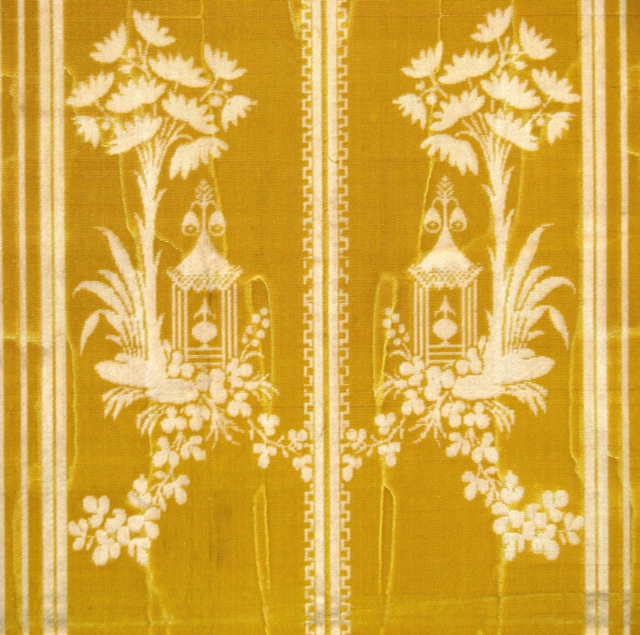 c. 1760 English (Spitalfields) yellow watered silk with a damask pattern in white of 