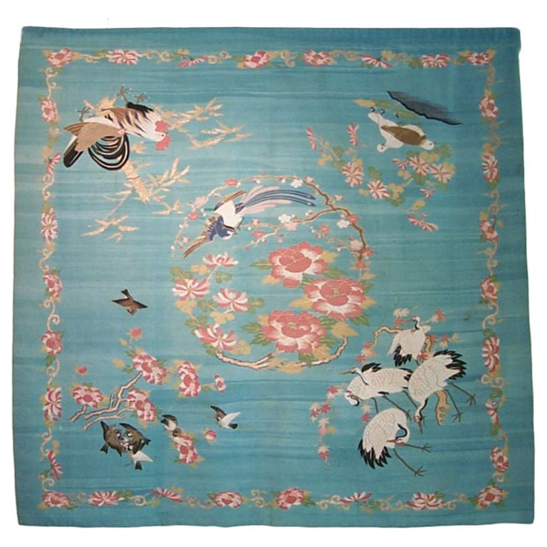 Japanese blue ground k'oss-u (tsuzure-ori) or tapestry weave. For Sale