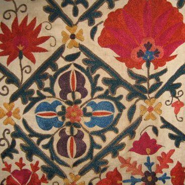Suzani (embroidery) from Uzbekistan (Bukhara or Nurata) embroidered in silk on linen made by young Uzbek women as part of their dowry to be used as their wedding bed cover.