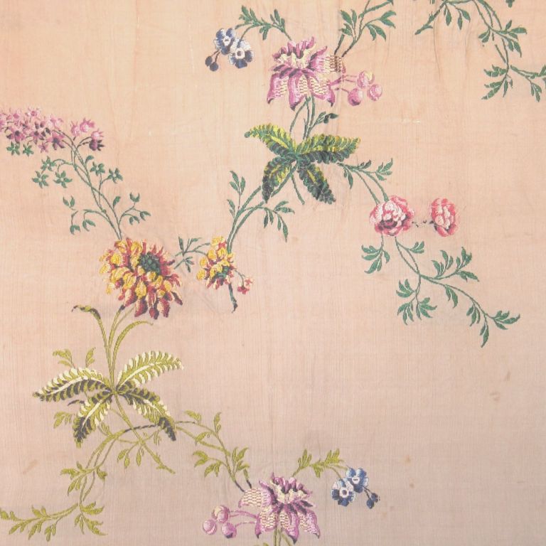 English Spitalfields (Anna Maria Garthwaite) floral brocade on cream colored ground with lilac, yellow, rose, cream, and light blue colors.