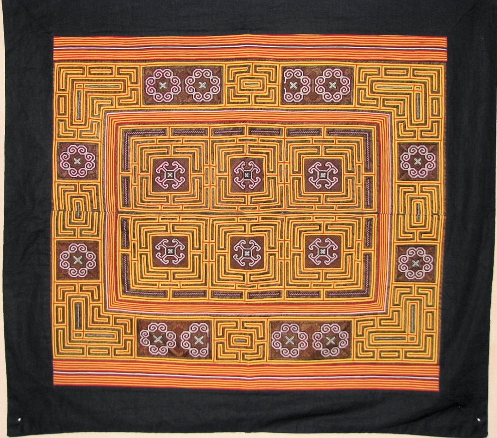 Circa 1930 China (Miao Minority) in  cotton shoulder cover, needlework and appliqued cotton in yellow, red, and black cotton with areas of very finely needleworked cross stitch designs.