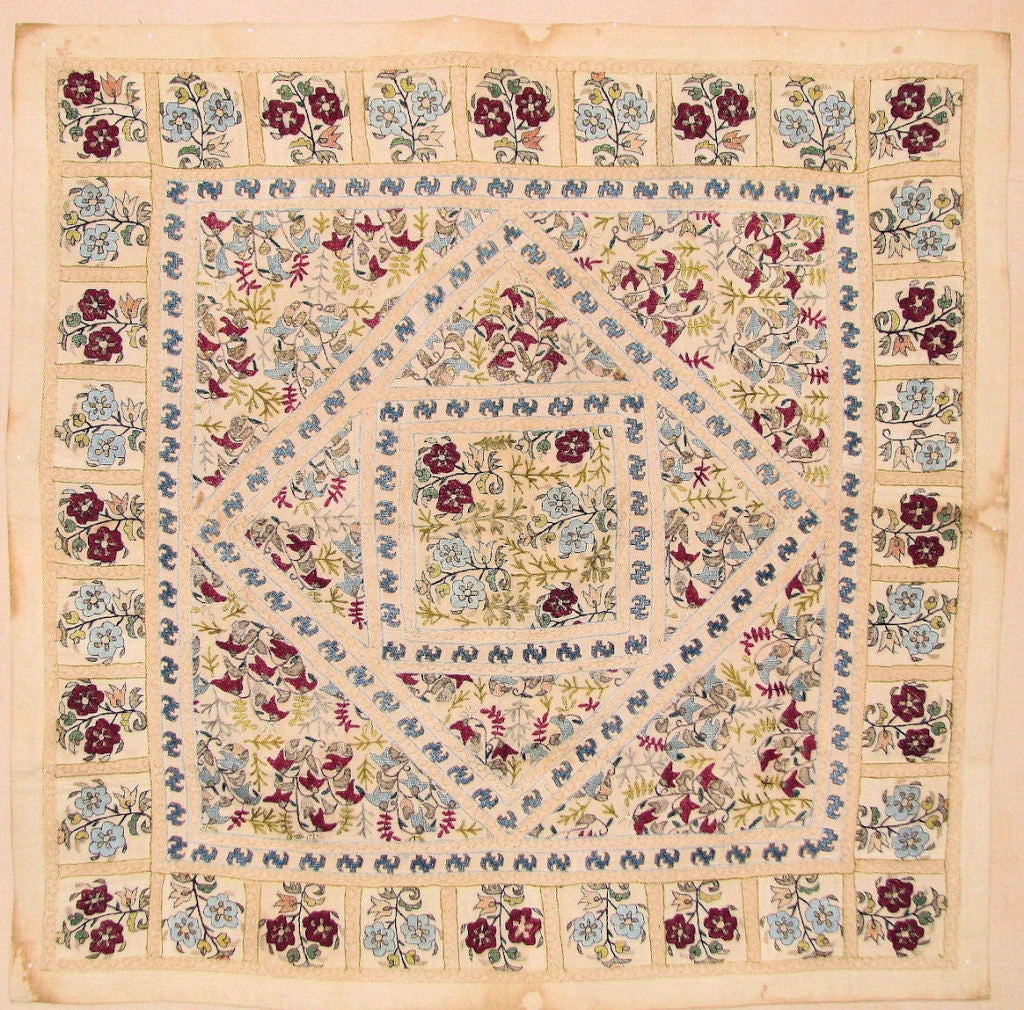 Ottoman square cover embroidered on cotton with silk & metallic.