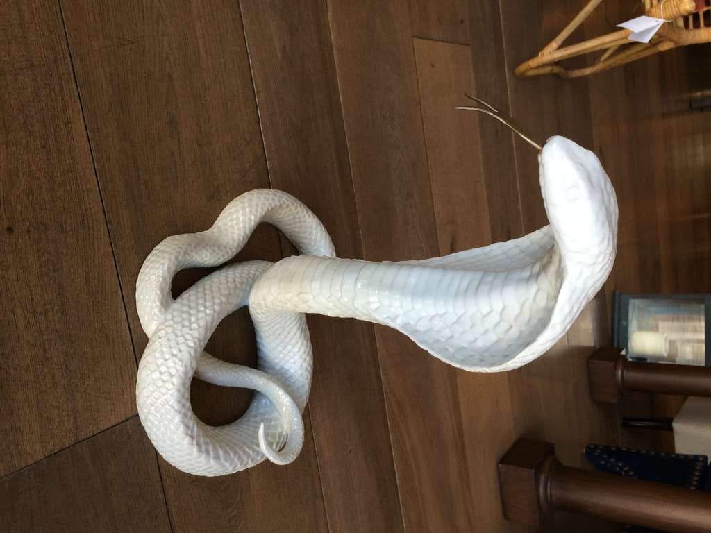 Large white ceramic snake with gold metal tongue.