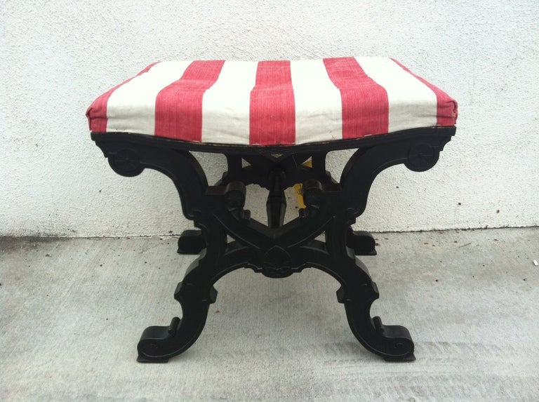19th Century Wooden Stool with Red Striped Fabric.  Found in France.