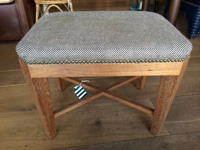 Small vintage stool reupholstered in Ralph Lauren herringbone brown fabric.