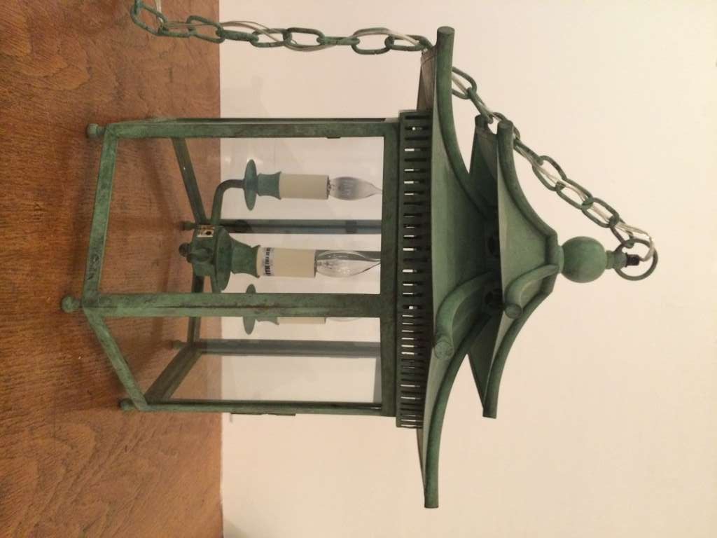 Hexagonal Treaty Port Lantern.
Charles Edwards.  England.
Verdigris Finish.
Indoor use only.