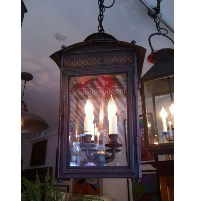 Regency lantern imported from Charles Edwards, England. Faux zinc finish. Interior use only. Lantern comes with canopy.