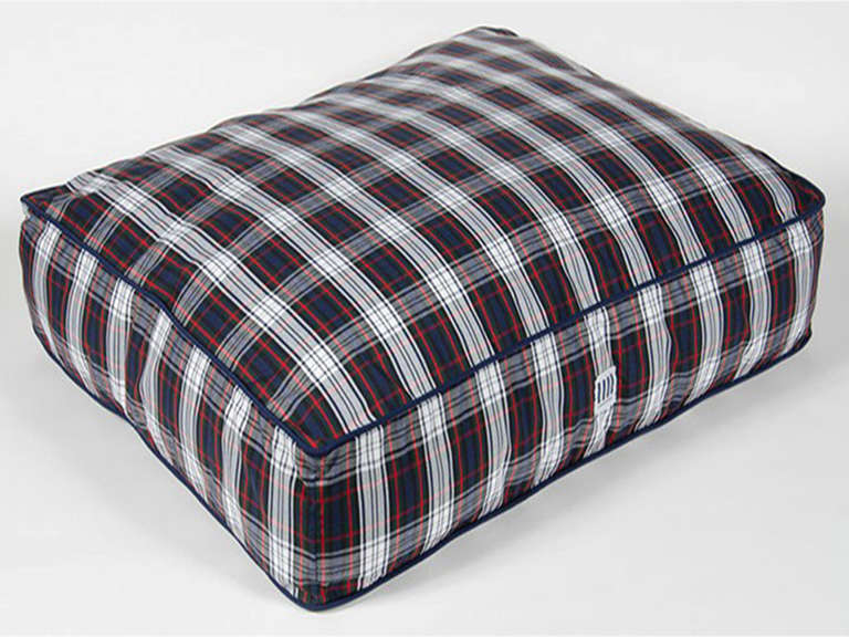 Plaid dog bed with navy trim down alternative blend. By Nathan Turner.