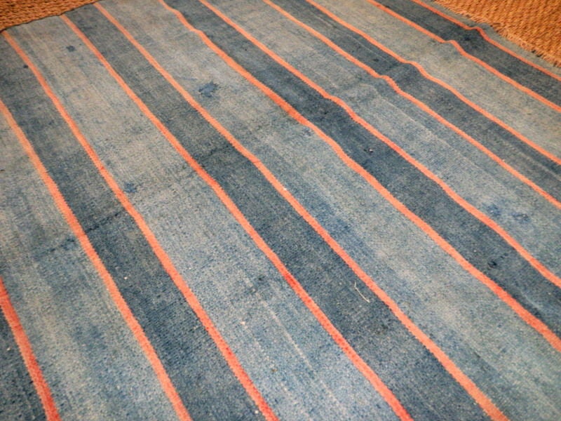 Gorgeous blue and red striped, hand-woven, vintage, dhurrie.