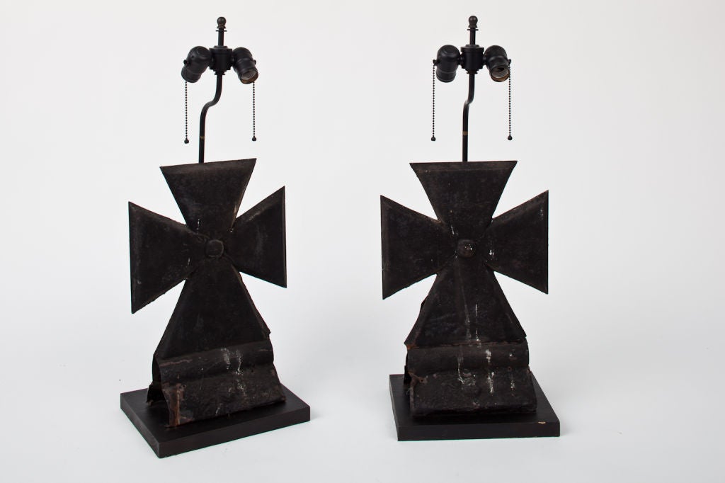 Pair of metal roof top finials made into lamps England c 1900