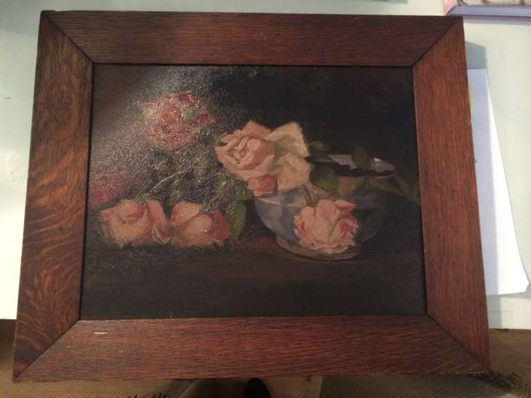 Vintage oil painting of pink roses in original frame.