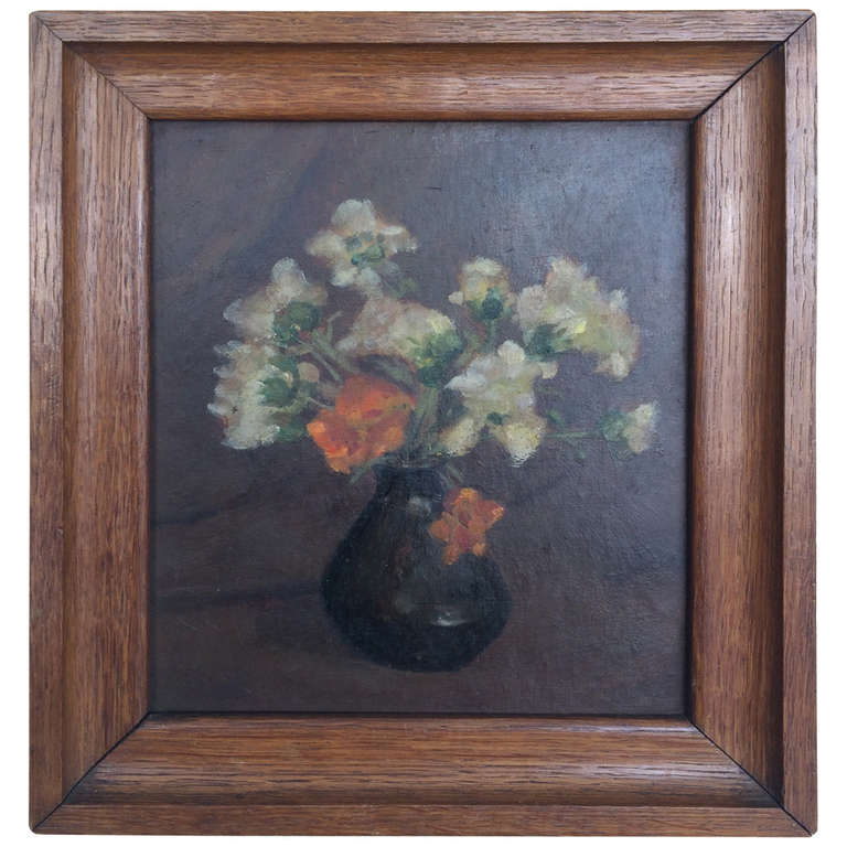 Small Vintage Oil Painting Of Flower Vase On Board In Original Frame Small Vintage Oil Painting Of Flower Vase On Board In Original Frame For