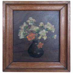 Small Vintage Oil Painting of Flower Vase on Board in Original Frame