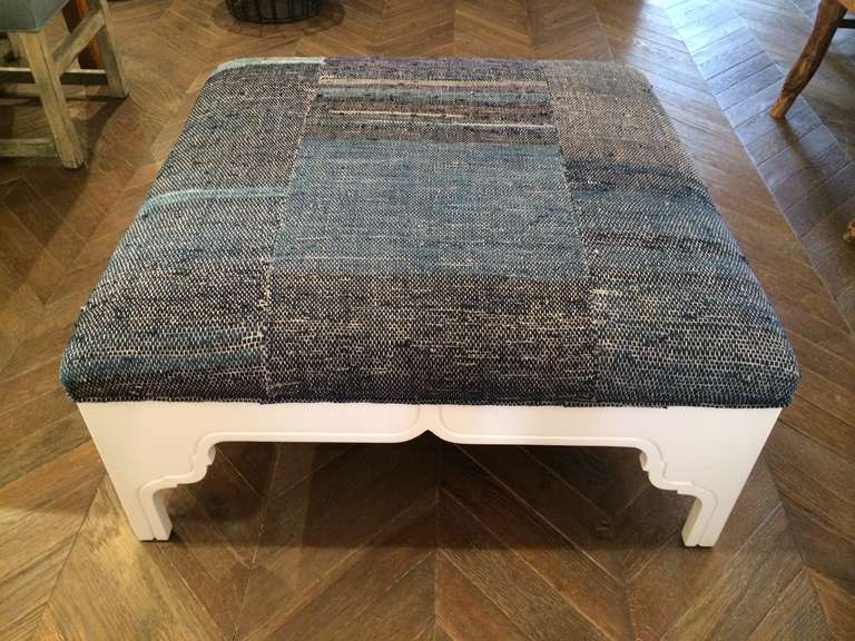 Large Blue and White Fez Ottoman made with Antique Fabric by Nathan Turner