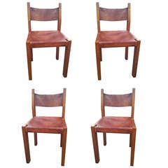 Antique Four 19th c Leather & Wood Side Chairs