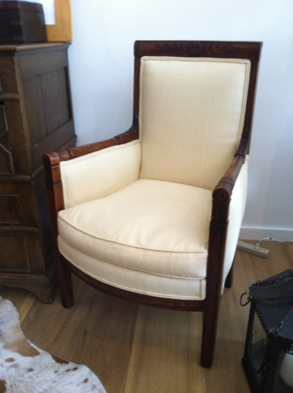Beautiful carved French walnut chair in Ralph Lauren fabric.