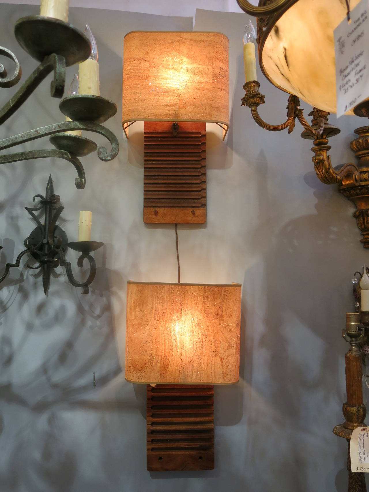 Pair of Vintage Wood Cigar Mold Sconces with Cork Shades