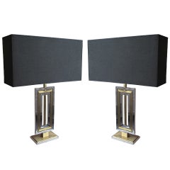 Pair of French Geometric Interlocking Brass & Chrome Table Lamps