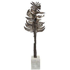 Brutalist Metal Tree Sculpture on Concrete Base