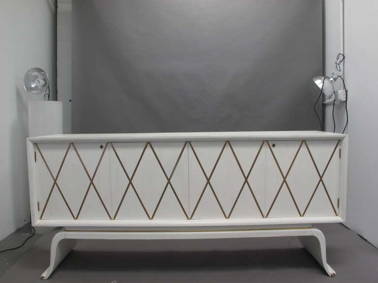 1940's Ivory Lacquer Credenza with Brass Inlay