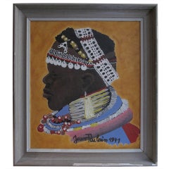 1940s French Massai Warrior Oil Painting in Original Frame by Jean Poulain
