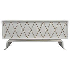 1940's Ivory Lacquer Credenza with Brass Inlay