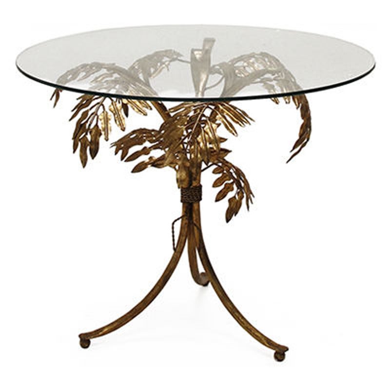Gilded metal leaf side table with round glass top - French, 1950's.