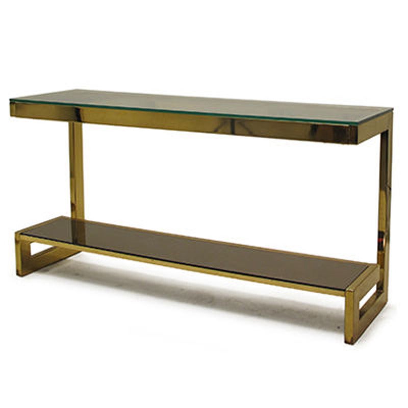 Vintage two tier 23K gold console with bronze glass bottom shelf - France, 1970's.