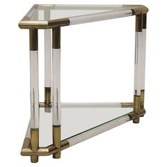 Triangular Lucite and Brass Two Tier Side Table