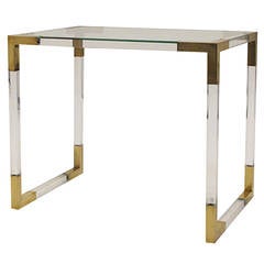 Vintage Rectangular Lucite Side Table with Brass Corners