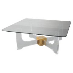 French Lucite and Brass Cube Coffee Table