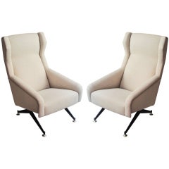 Pair of 1950s Ivory Wing Chairs on Metal Legs