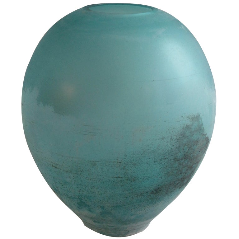 Monumental 1970s Scavo Vase in Turquoise Blue Glass by Cenedese