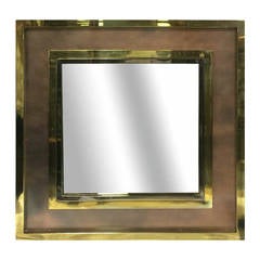1970s Large Square Brass and Copper Mirror
