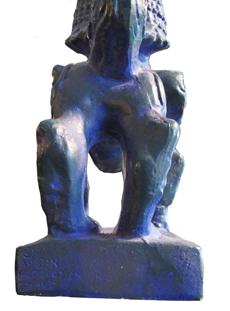 Vintage Terracotta blue and green glazed Foo Dog Sculpture signed Austin productions, 1967.