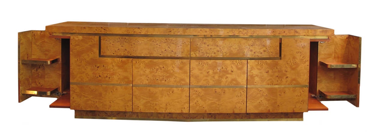 Vintage burlwood sideboard with brass inlay with concealed corner doors - French, 1970's