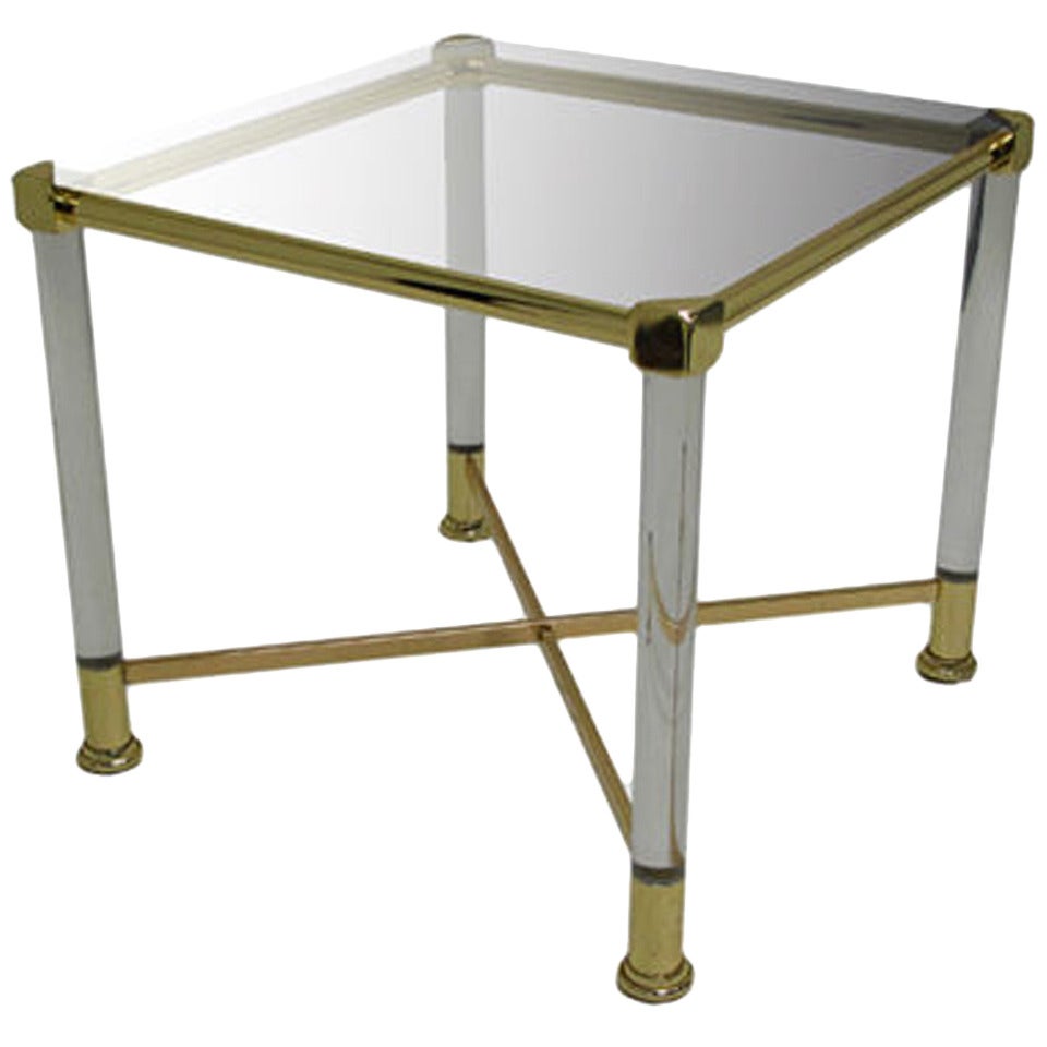 1970s French Neoclassical Brass and Plexi Side Table For Sale