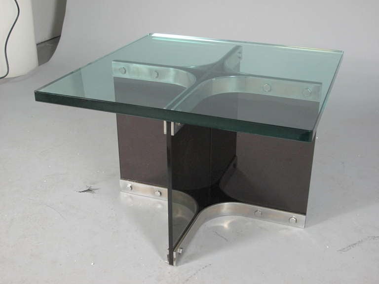 Vintage Low Square Glass Top Side Table on Smoke Lucite and Stainless Steel Base