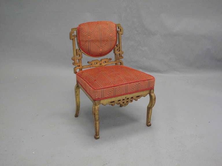 Vintage French gilt Chinoiserie deco slipper chair, newly reupholstered in orange geometric pattern velvet and silk.