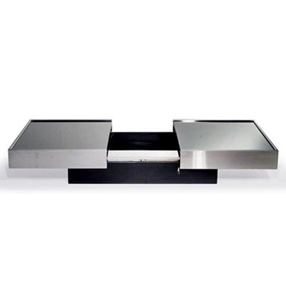 Chrome and black glass coffee table with concealed bar - French, 1970's.