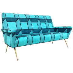 Mid-Century Sofa in Hand-Painted Blue Cube Pattern Livio de Simone Fabric 7