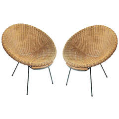 Retro Pair of Italian 1950s Wicker Bucket Chairs