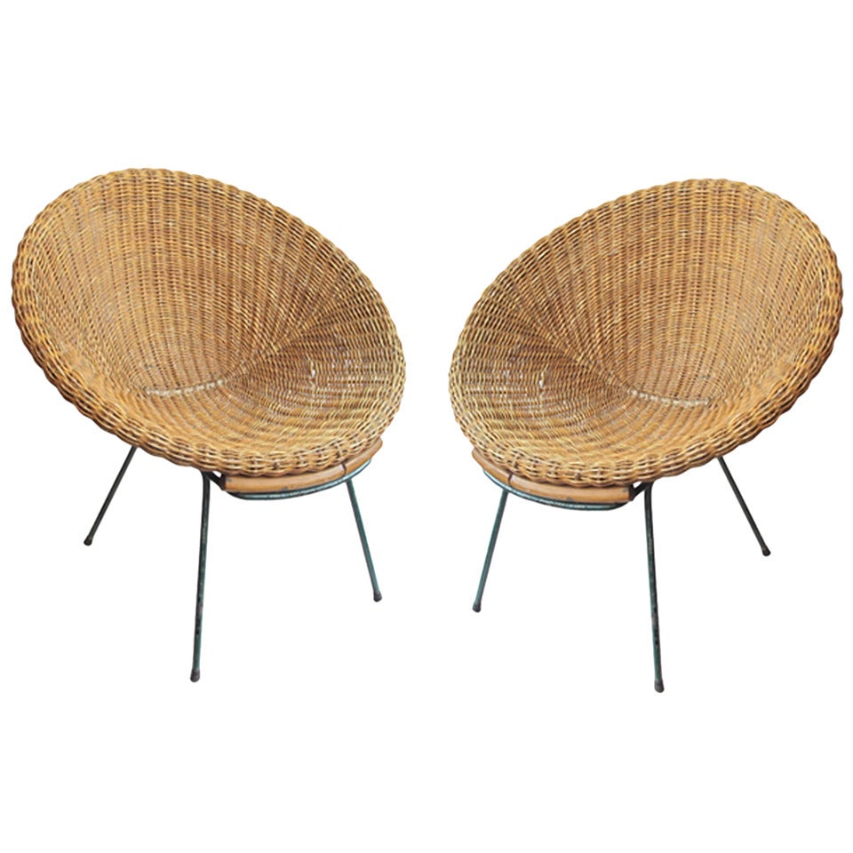 Pair of Italian 1950s Wicker Bucket Chairs