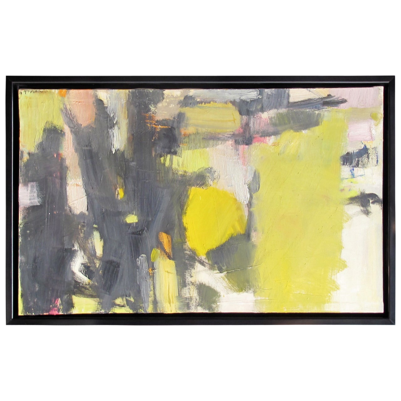 Mid Century Yellow, Black and Pink Abstract Painting