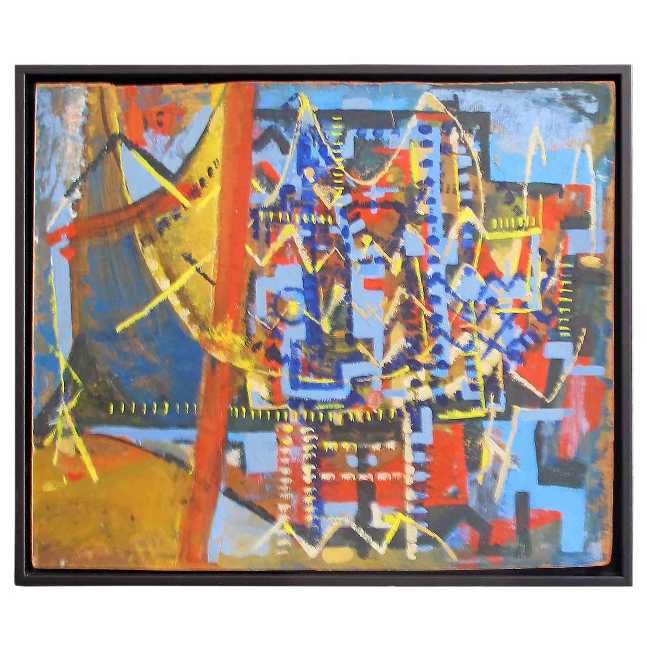 Mid-Century Geometric Abstract Oil Painting in Blue, Red and Yellow on Masonite For Sale