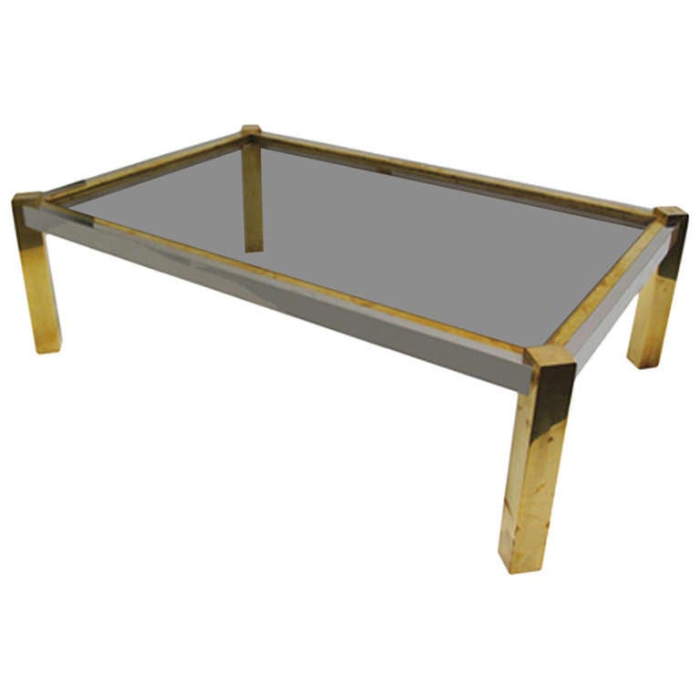 1970s French Rectangular Brass and Chrome Angled Leg Coffee Table For Sale
