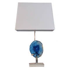 1970s Nickel Table Lamp with Round Blue Agate Slice